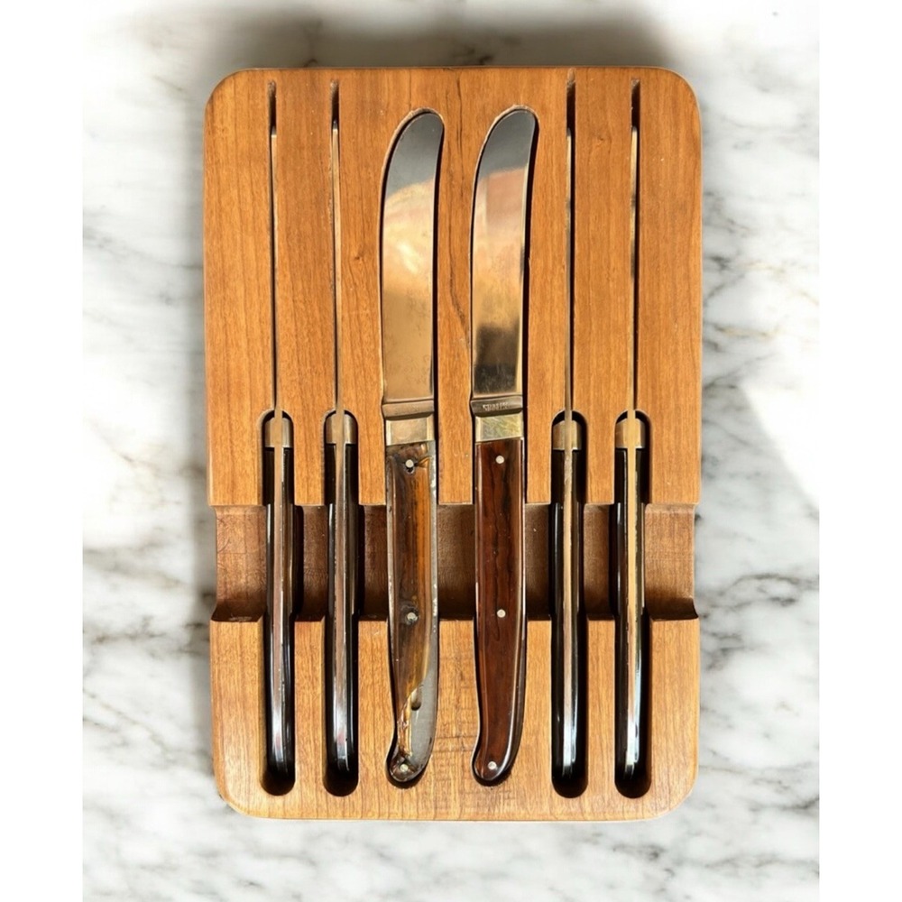 VTG Schrade Walden USA 6pc Steak Knife Set w/‎ Wood Block Bakelite Style Handles